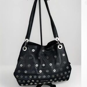 Michael Kors Raven Black Leather Shoulder Bag withh Metal flowers on front